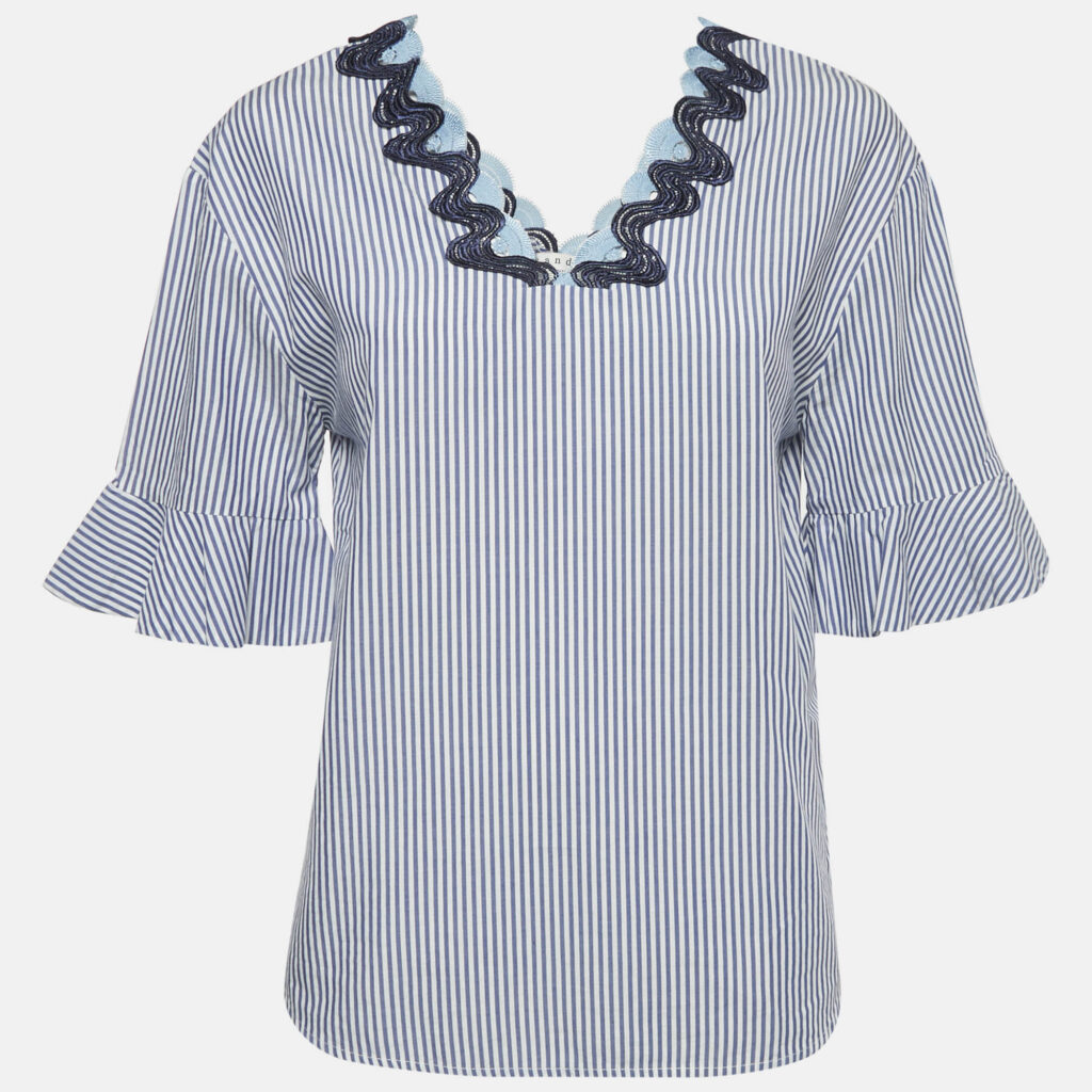 luxury-women-sandro-used-clothes-p1149806-001 Sandro Blue Striped Cotton Neck Detail Blouse S