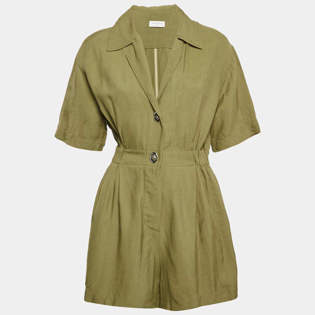 luxury-women-sandro-used-clothes-p1151096-006 Sandro Khaki Green Linen Blend Turnlock Button Playsuit S