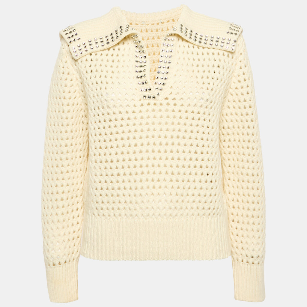 luxury-women-sandro-used-clothes-p1154478-007 Sandro Cream Rhinestone Embellished Crochet Sweatshirt XS
