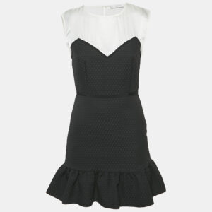 Sandro Black Satin/Jacquard Flounce Mini Dress S