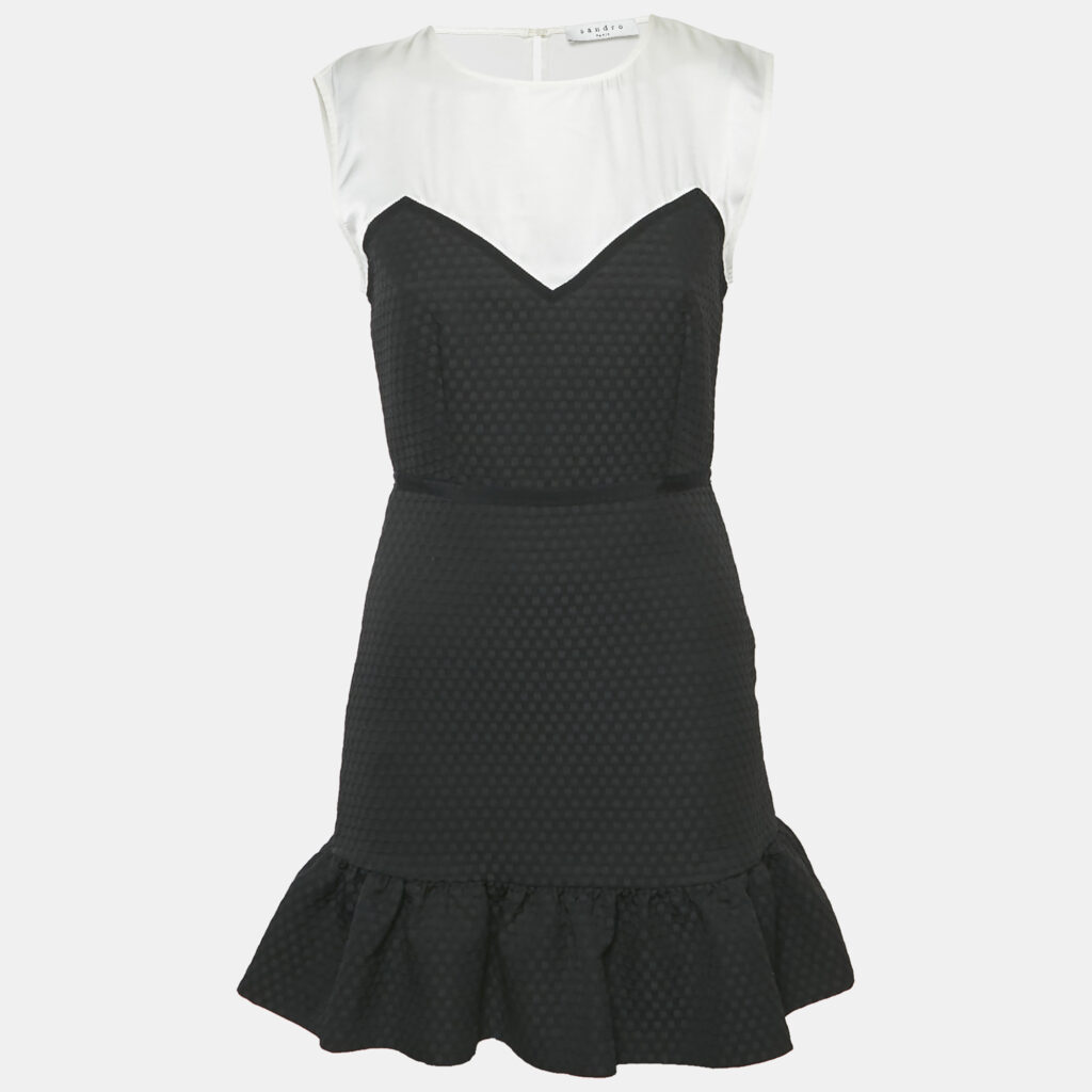 Sandro Black Satin/Jacquard Flounce Mini Dress S