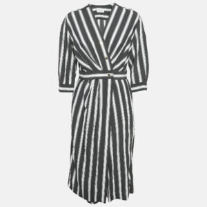 Sandro Black/White Stripe Viscose Wrap Midi Dress M