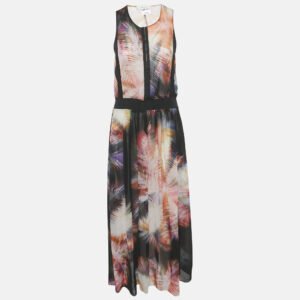 Sandro Pink Printed Silk and Rib Knit Trim Maxi Dress S
