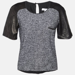 Sandro Black Terry & Leather Short Sleeve Blouse L