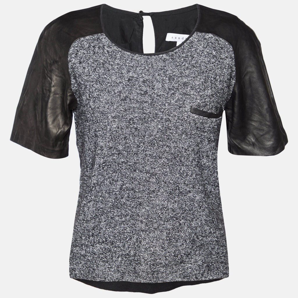 luxury-women-sandro-used-clothes-p931695-002 Sandro Black Terry & Leather Short Sleeve Blouse L