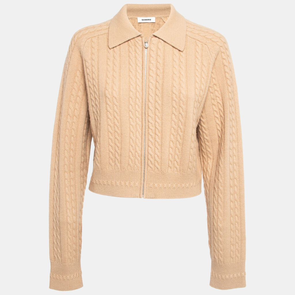 luxury-women-sandro-used-clothes-p948257-001 Sandro Beige Wool Cable Knit Zipper Crop Cardigan XL