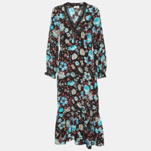 Sandro Black Floral Printed Silk Midi Dress S