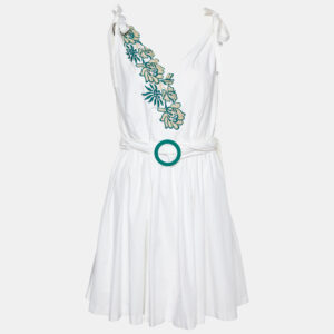 Sandro White Cotton Applique Detail Belted Mini Dress S