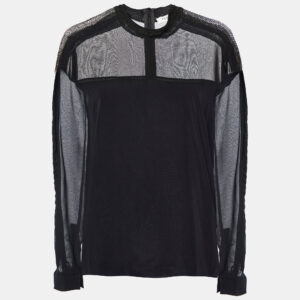 Sandro Black Silk & Knit Paneled Long Sleeve Top M