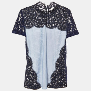 Sandro Blue Lace and Cotton High Neck Blouse M