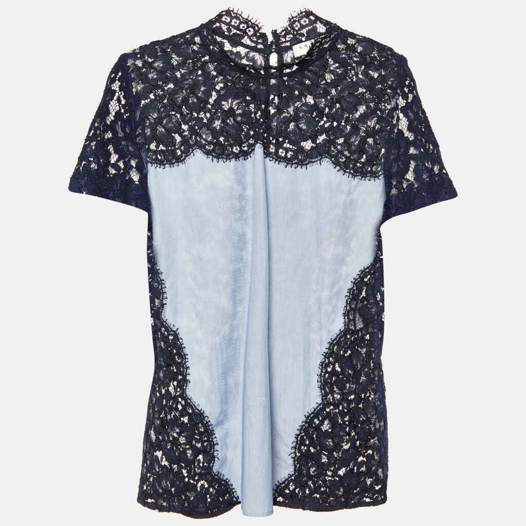 luxury-women-sandro-used-clothes-p981769-006 Sandro Blue Lace and Cotton High Neck Blouse M