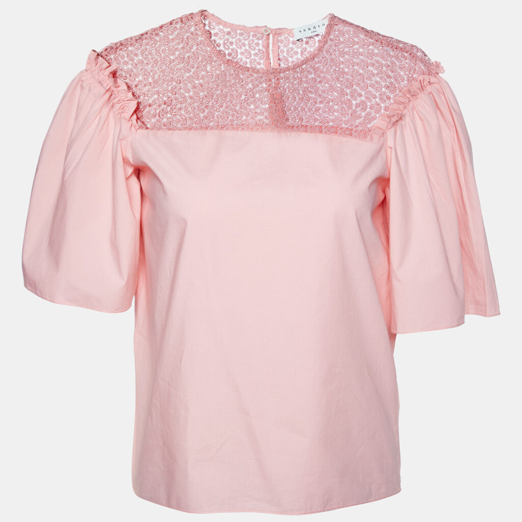 luxury-women-sandro-used-clothes-p982249-002 Sandro Pink Cotton Lace Trimmed Blouse XS