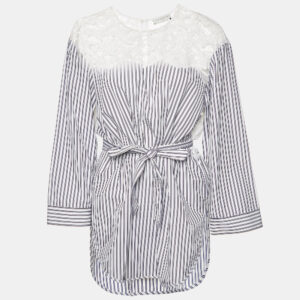 Sandro White/Blue Striped Cotton Lace Trim Dorothee Top L