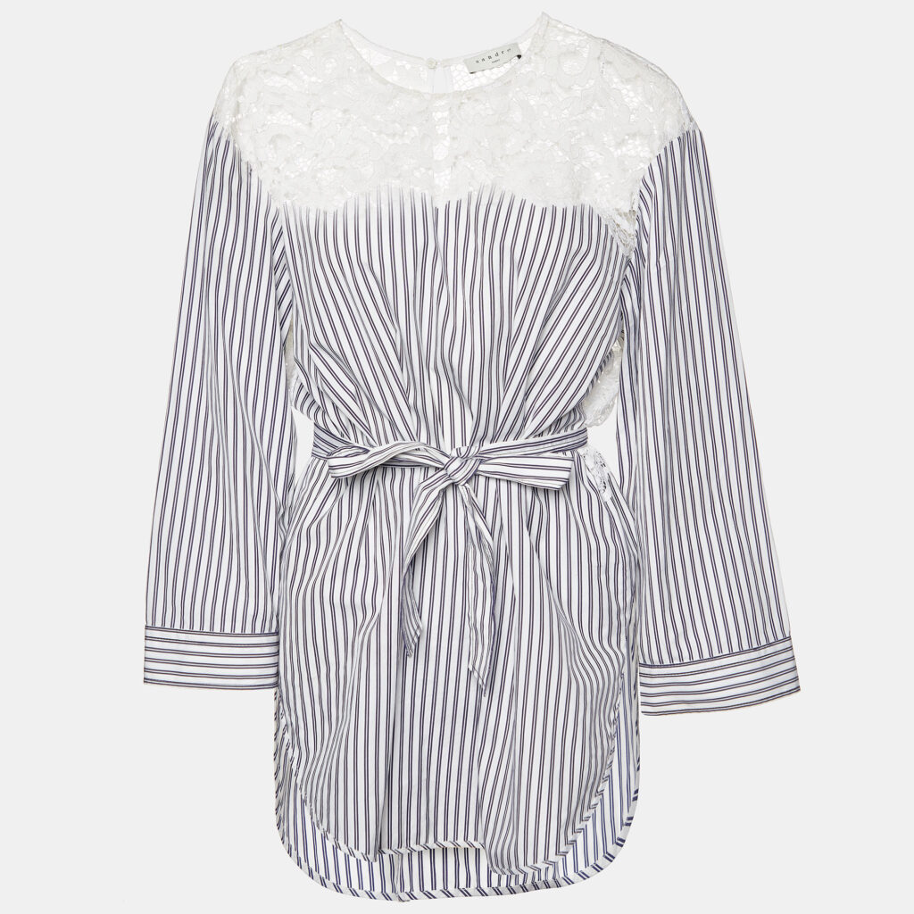 luxury-women-sandro-used-clothes-p984220-002 Sandro White/Blue Striped Cotton Lace Trim Dorothee Top L