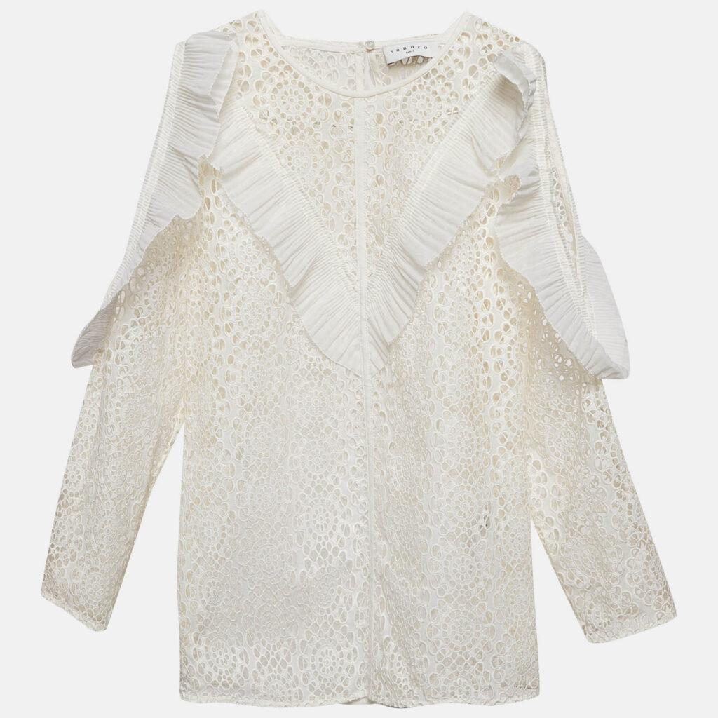 Sandro Off-White Lace Full Sleeve Ruffled Top M