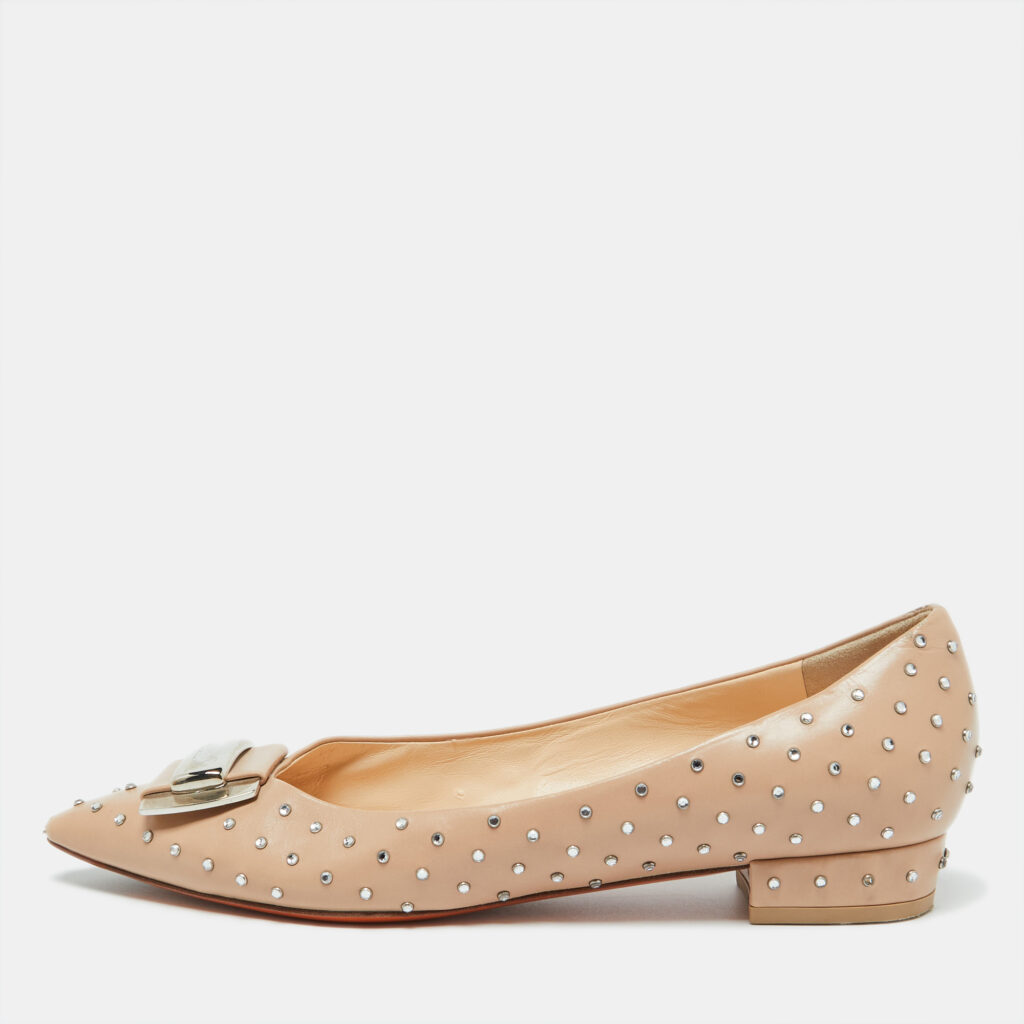 luxury-women-santoni-used-shoes-p1025011-001 Santoni Beige Leather Crystal Embellished Pointed Toe Buckle Ballet Flats Size 38.5