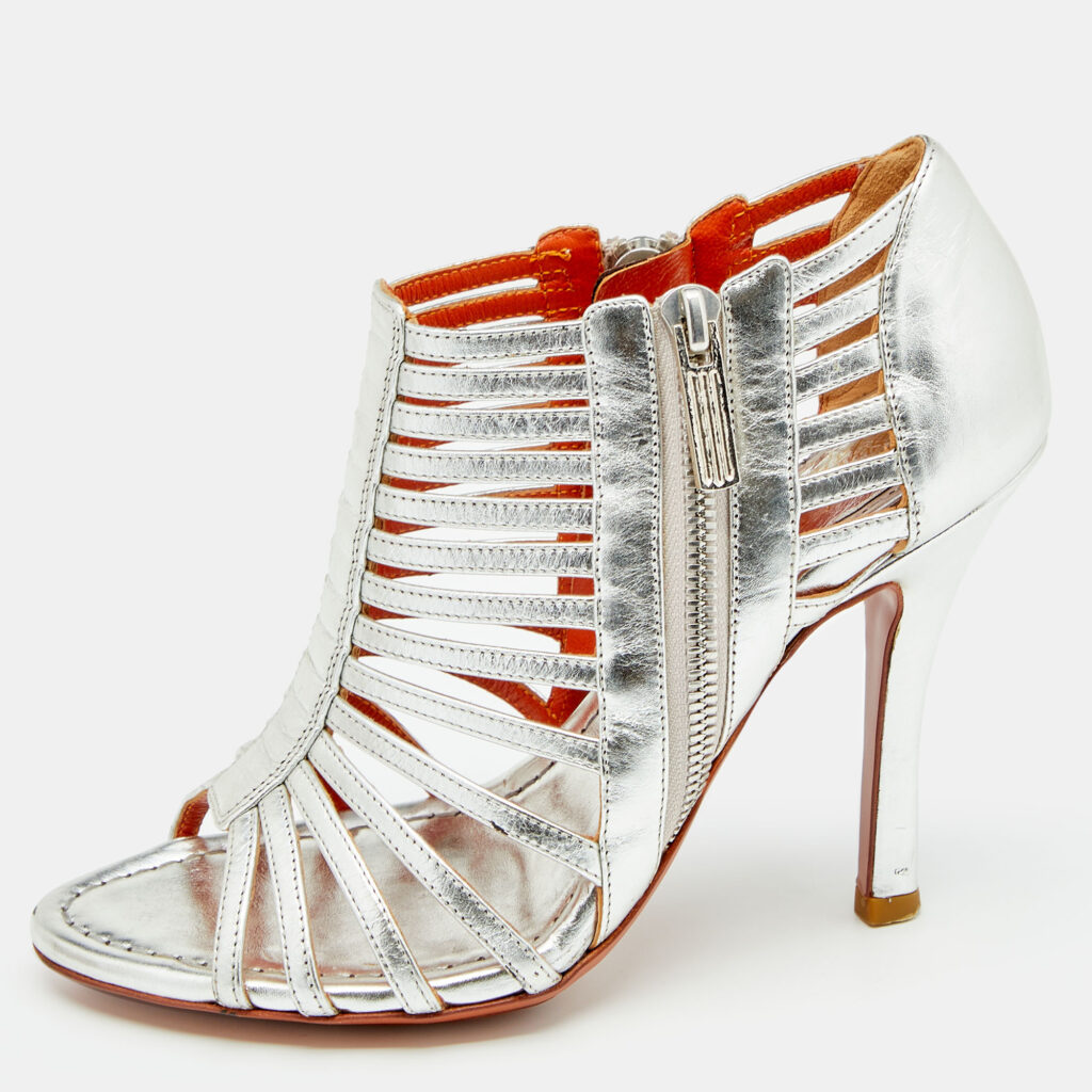 luxury-women-santoni-used-shoes-p626828-003-2 Santoni Silver Leather Caged Peep Toe Sandals Size 36