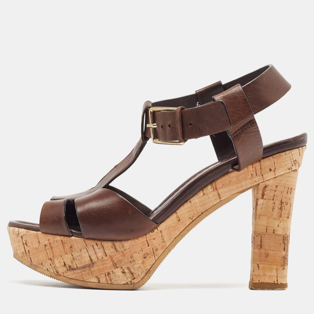 luxury-women-santoni-used-shoes-p972419-001 Santoni Brown Leather Ankle Strap Platform Sandals Size 37