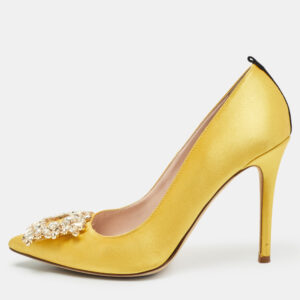 SJP Sarah Jessica Parker Yellow Satin Crystal Embellished Pumps Size 37