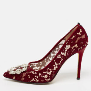 SJP Sarah Jessica Parker Burgundy Lace Crystal Embellished Buckle Pumps Size 37
