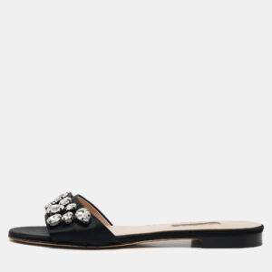 SJP Sarah Jessica Parker Black Satin Crystal Embellished Flat Slides Size 37