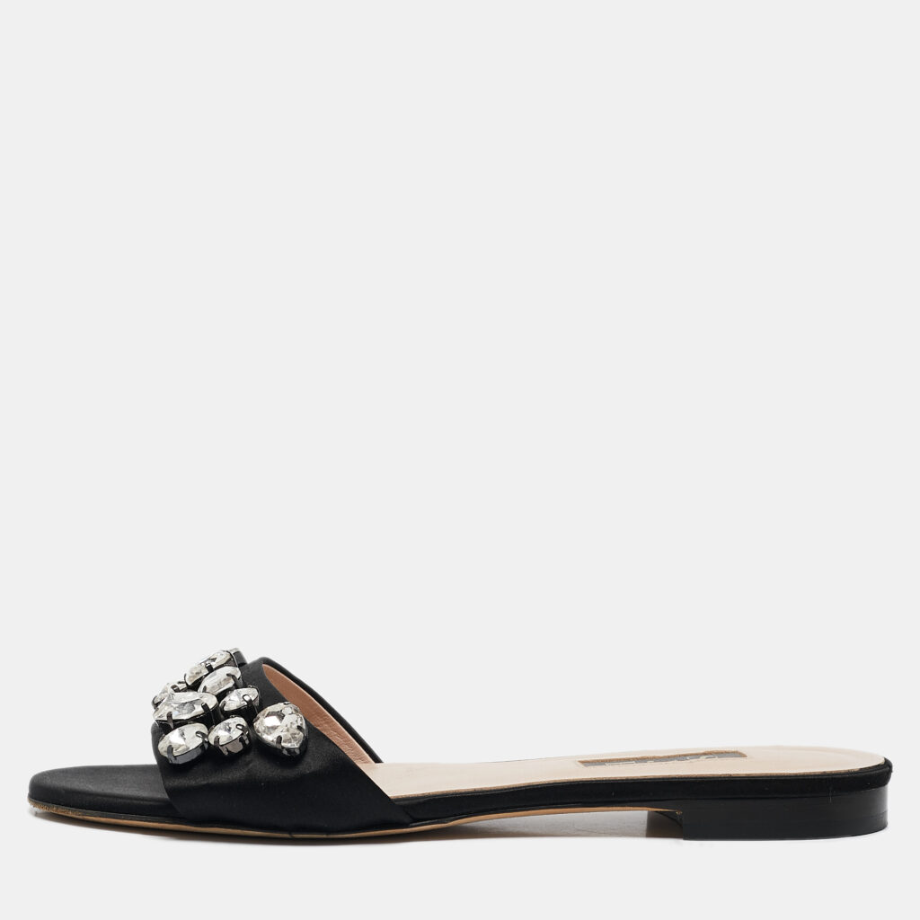 luxury-women-sarah-jessica-parker-used-shoes-p1108747-001 SJP Sarah Jessica Parker Black Satin Crystal Embellished Flat Slides Size 37