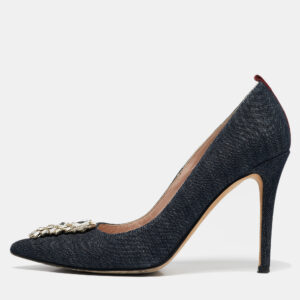 SJP Sarah Jessica Parker Navy Blue Denim Crystal Embellished Pointed Toe Pumps Size 37