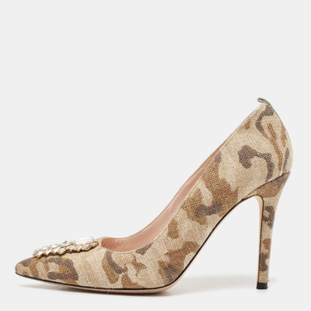 SJP Sarah Jessica Parker Multicolor Jute Fabric Crystal Embellished Pumps Size 37