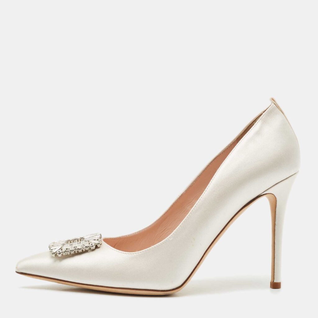 luxury-women-sarah-jessica-parker-used-shoes-p1154423-003 SJP Sarah Jessica Parker White Satin Crystals Embellished Pumps Size 39