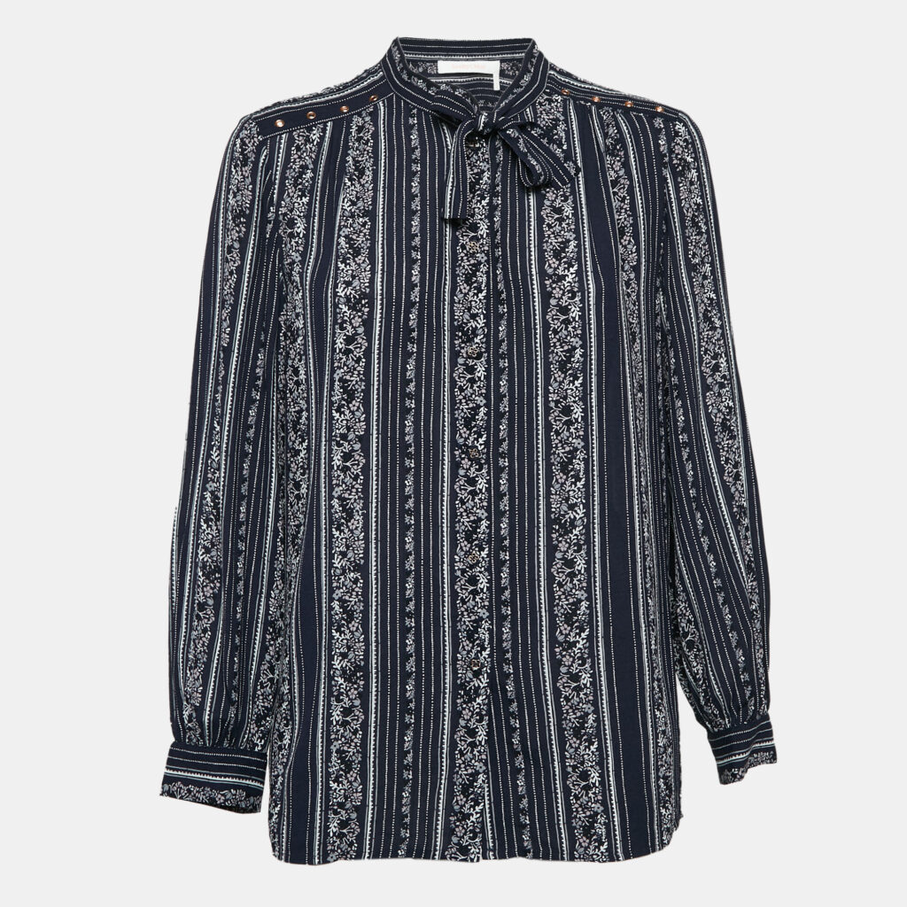 See by Chloe Blue Stripe Floral Print Crepe Button Front Shirt S