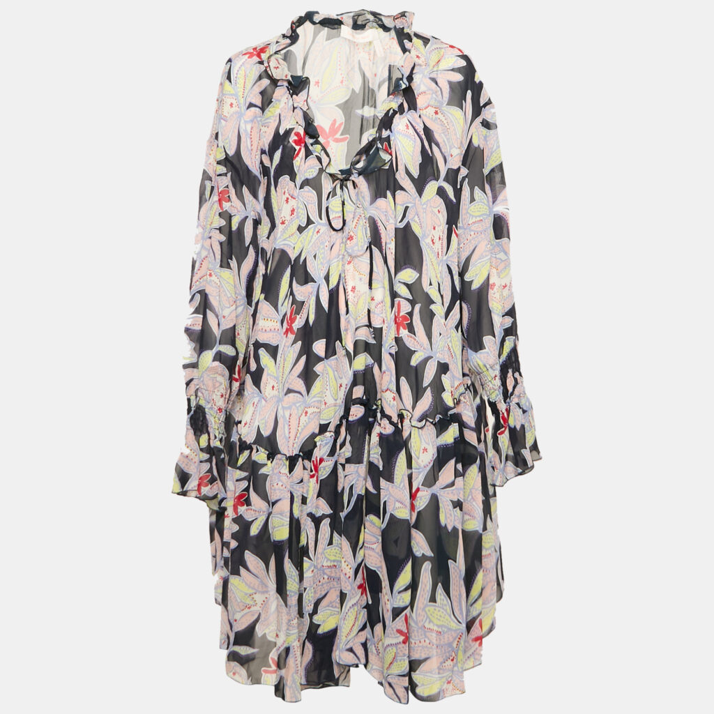 luxury-women-see-by-chloe-used-clothes-p1152362-008 See by Chloe Blue Floral Print Silk Ruffled Shift Dress XL