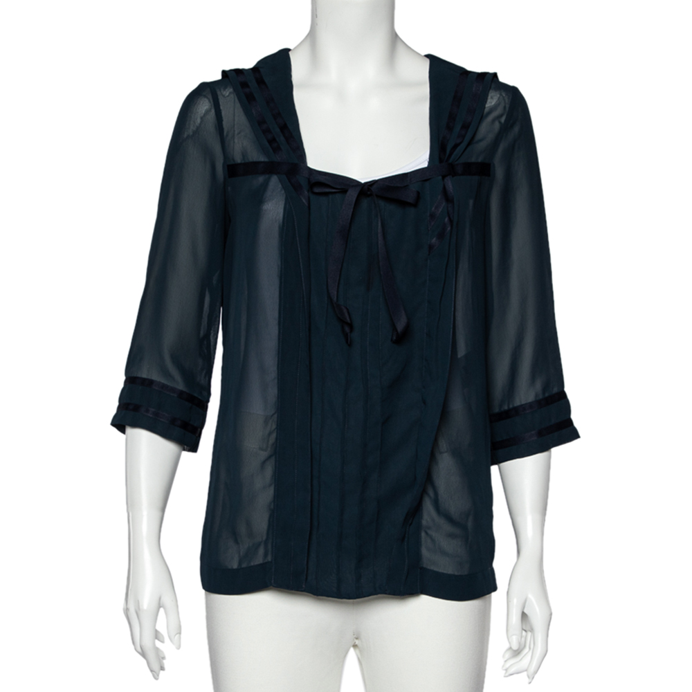 luxury-women-see-by-chloe-used-clothes-p521736-004 See by Chloe Midnight Blue Crepe Pleated Sailor Collar Blouse XL