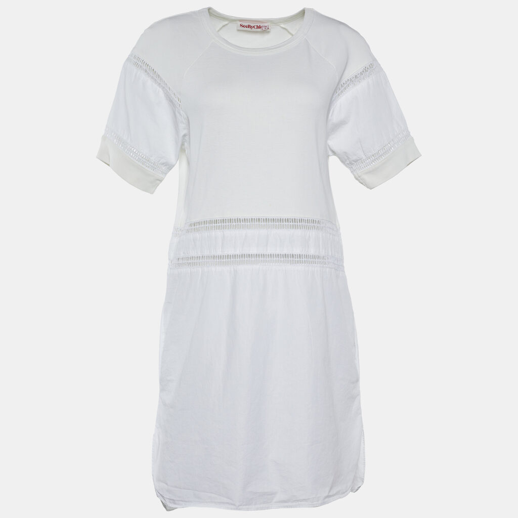 luxury-women-see-by-chloe-used-clothes-p666525-002-1 See by Chloe White Cotton Lace Insert Detail Midi Dress M