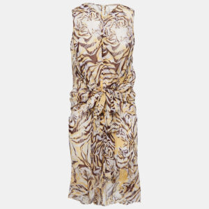 See by Chloe Brown/Yellow Tiger Print Silk Tie Waist Sleeveless Short Dress S