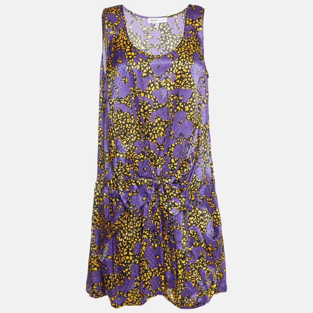 luxury-women-see-by-chloe-used-clothes-p886914-003 See by Chloe Purple Printed Cotton & Silk Bow Detail Mini Dress M