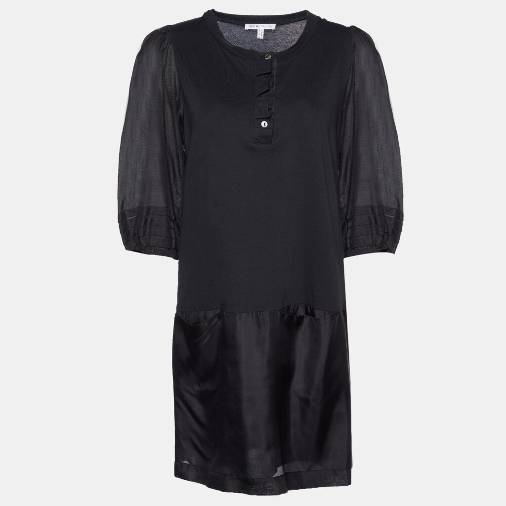 luxury-women-see-by-chloe-used-clothes-p888705-002 See by Chloe Black Cotton Knit & Silk Shift Dress L