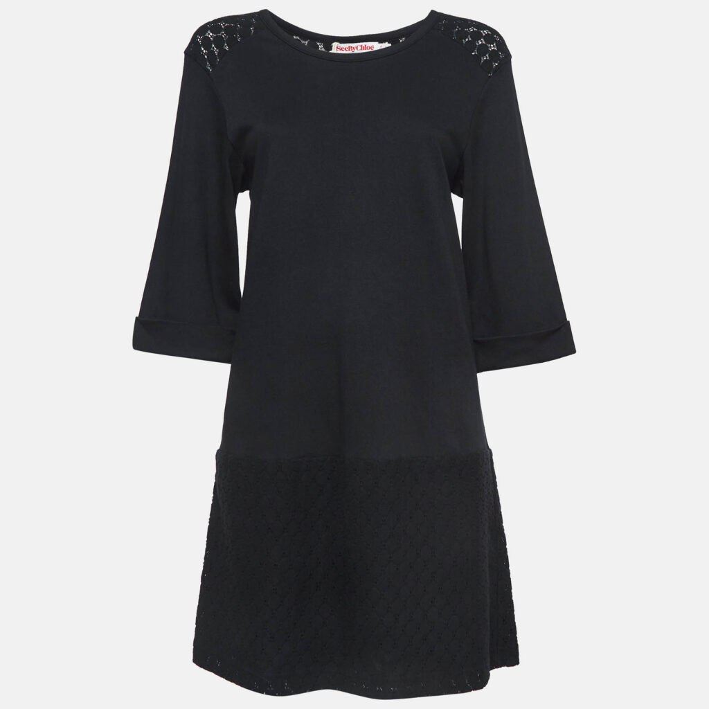 luxury-women-see-by-chloe-used-clothes-p975839-001 See by Chloe Black Lace and Cotton Long Sleeve Short Dress S