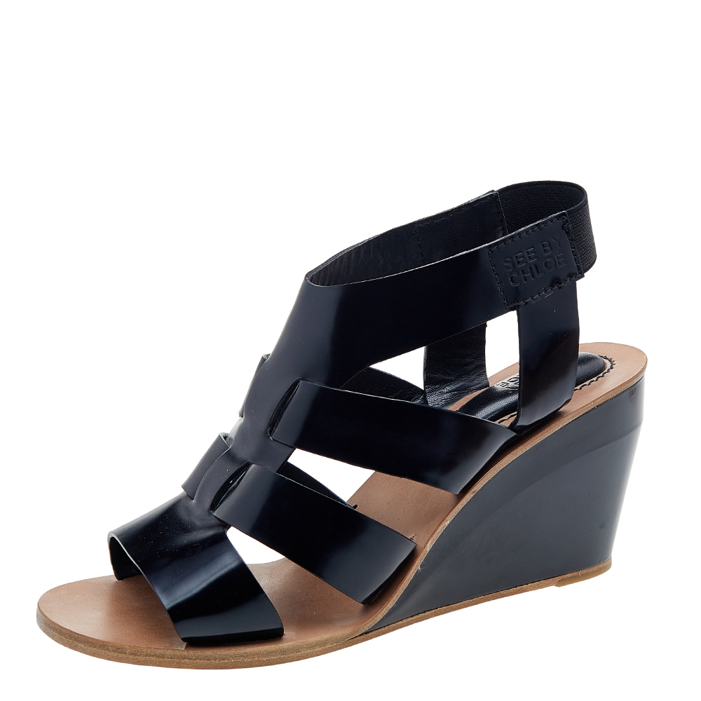 luxury-women-see-by-chloe-used-shoes-p614211-006-1 See by Chloe Black Leather Slingback Wedge Sandals Size 40