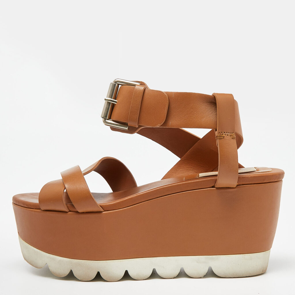 luxury-women-see-by-chloe-used-shoes-p998428-009 See by Chloe Brown Leather Wedge Platform Ankle Strap Sandals Size 37