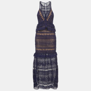 Self-Portrait Navy Blue Teardrop Guipure Lace Paneled Maxi Dress M