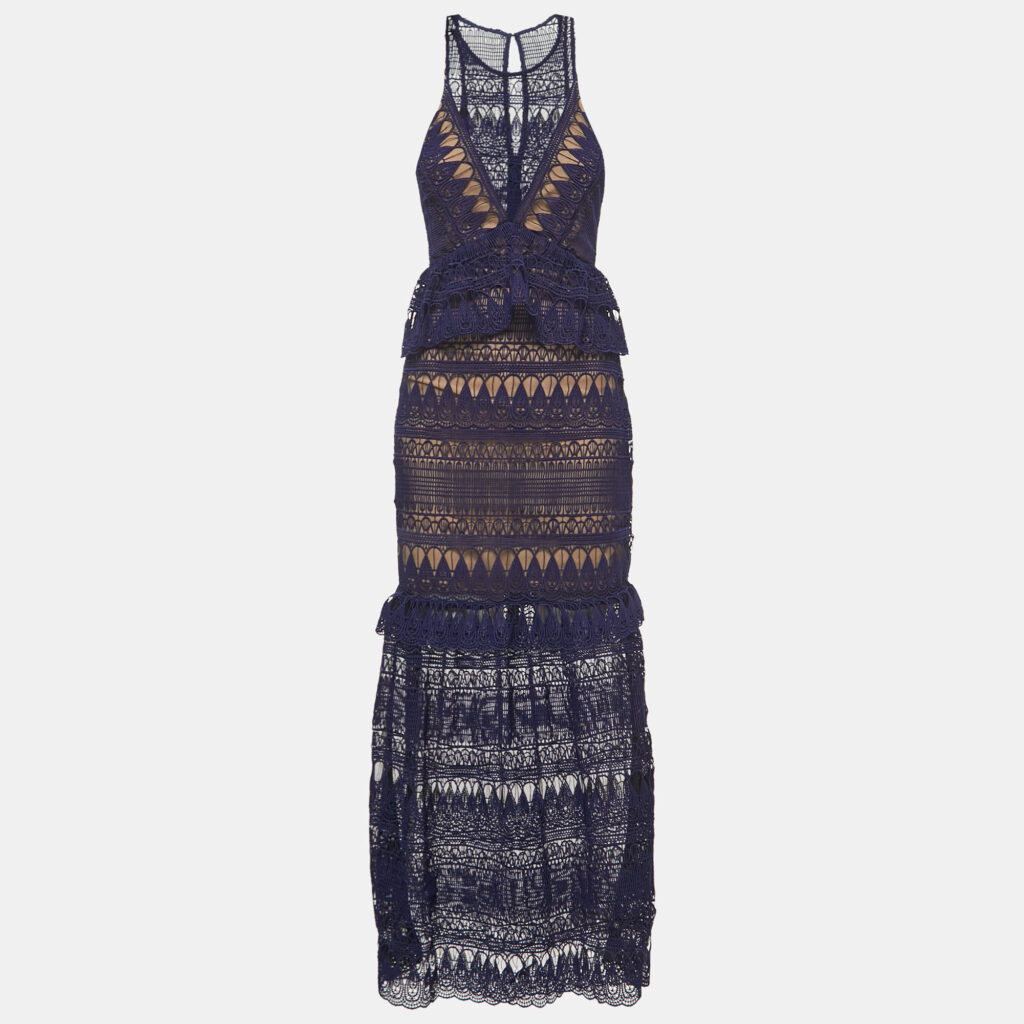 luxury-women-self-portrait-new-clothes-p1042968-003 Self-Portrait Navy Blue Teardrop Guipure Lace Paneled Maxi Dress M