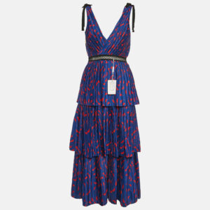 Self-Portrait Blue Printed Pliss&eacute; Satin Tiered Midi Dress S