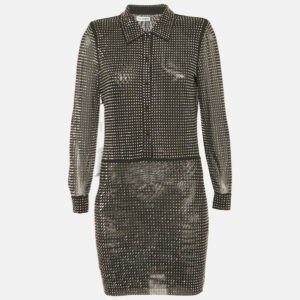 Self-Portrait Black Rhinestone Stretch Tulle Mini Shirt Dress S