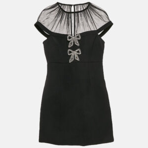 Self-Portrait Black Bow Embellished Gabardine Crepe Mini Dress S