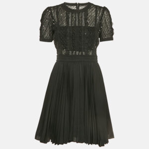 Self-Portrait Black Mesh Sequin Embellished Puff Sleeve Mini Dress S