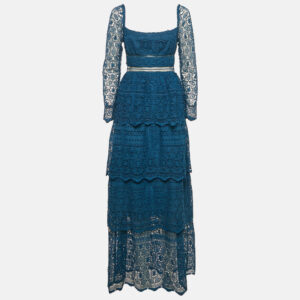 Self-Portrait Blue Petrol Lace Guipure Tiered Maxi Dress S