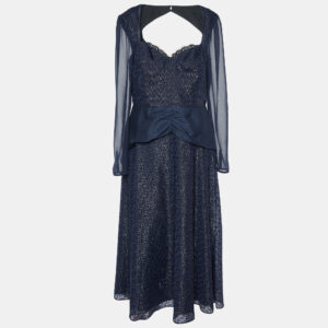 Self-Portrait Navy Blue Metallic Fil Coupe Midi Dress L