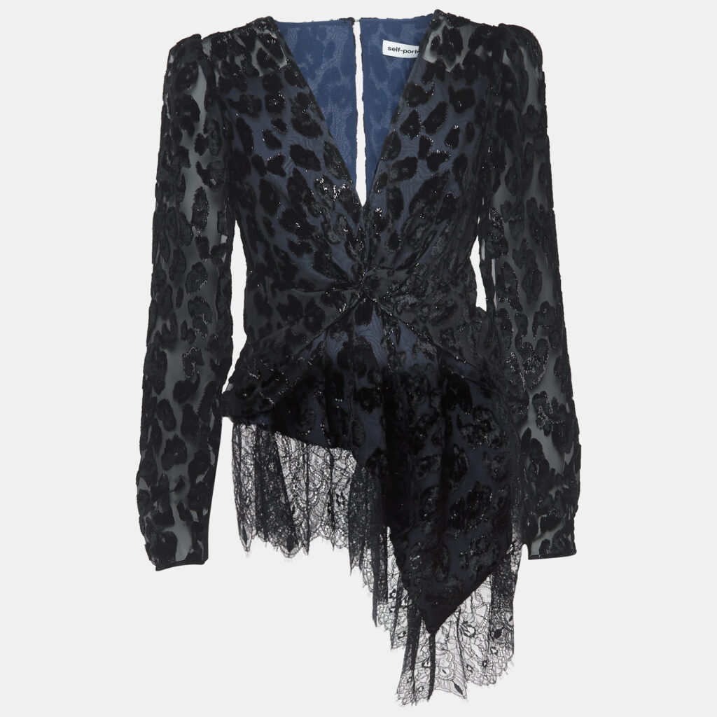 luxury-women-self-portrait-new-clothes-p918930-002 Self-Portrait Navy Blue/Black Textured Crepe Asymmetrical Peplum Top M