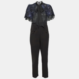 Self-Portrait Black/Blue Cady & Lace Ruffled Tie-Neck Jumpsuit M
