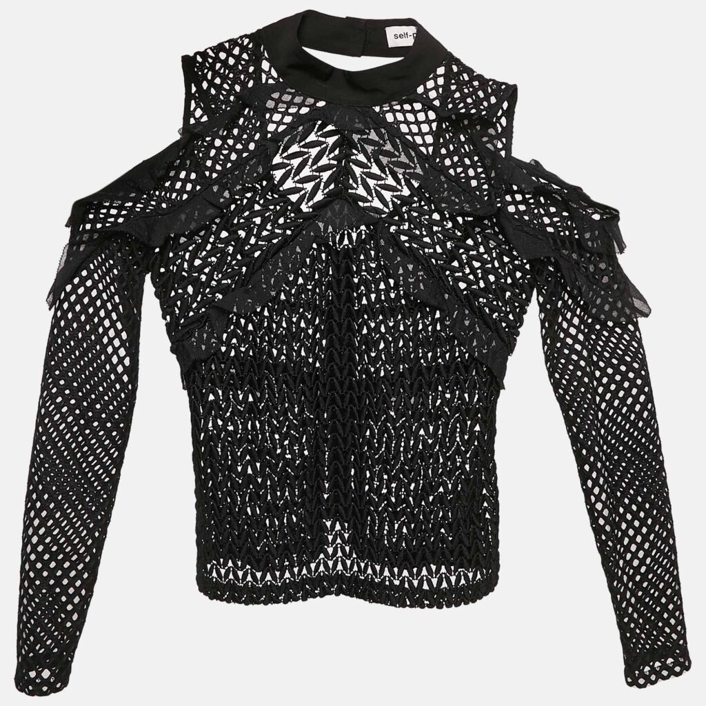 Self-Portrait Black Lace Ruffled Cold-Shoulder Top M